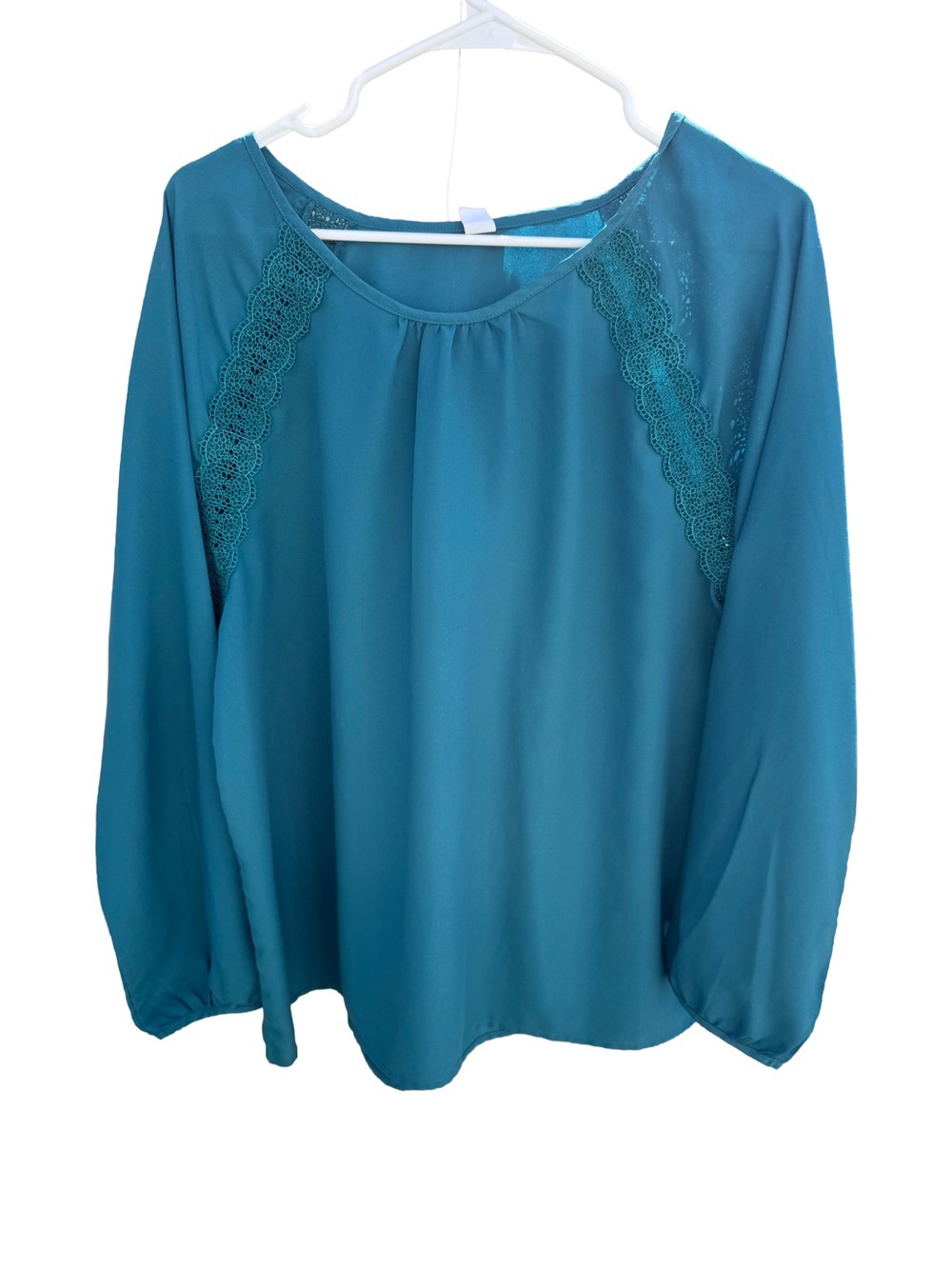 Old Navy Teal Aqua Woven Blouse Crochet Lace Raglan Long Sleeve Top XL